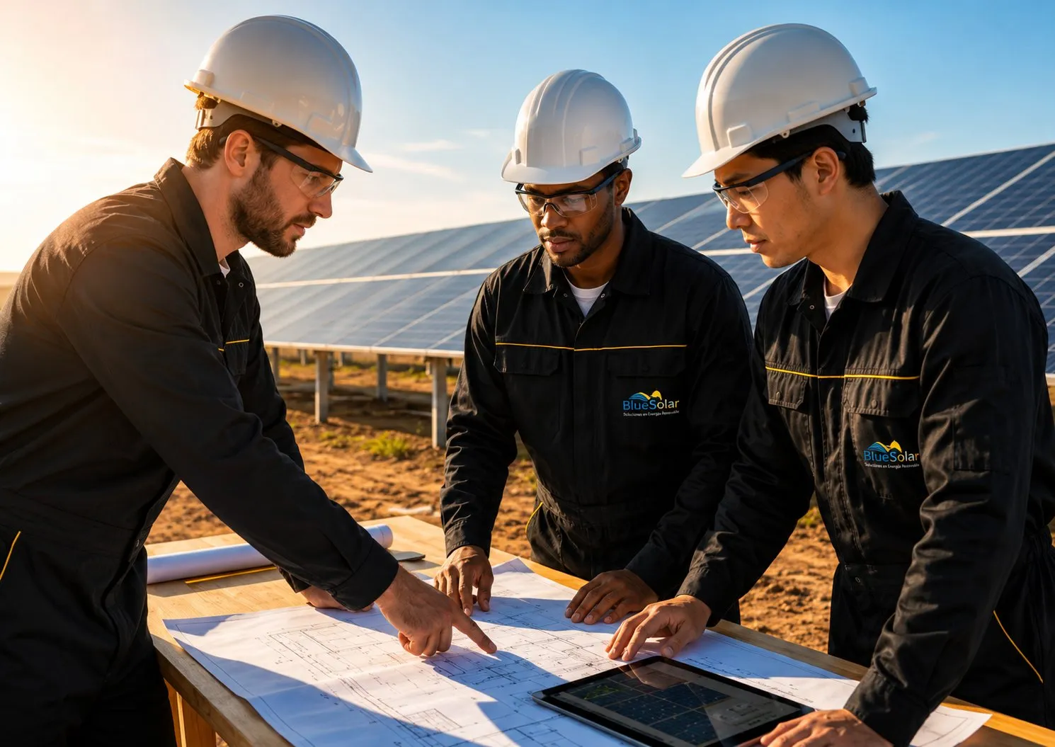 Engenheiros da Blue Solar analisando o projeto de uma usina solar