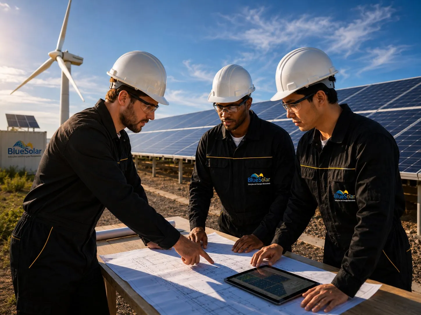 Equipe técnica da Blue Solar planejando a instalação em uma usina solar